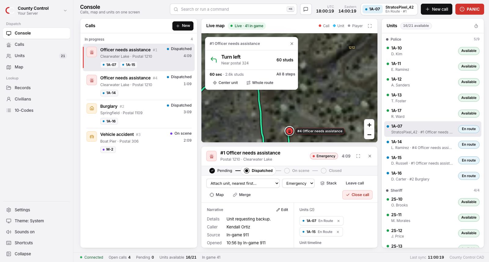 The CAD console: the call queue, live map with a selected call, and the unit board
